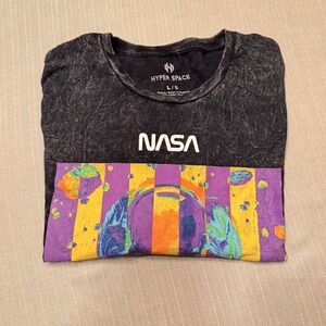 Hyper Space NASA Astronaut Graphic T-Shirt Acid Wash Black Mens Large